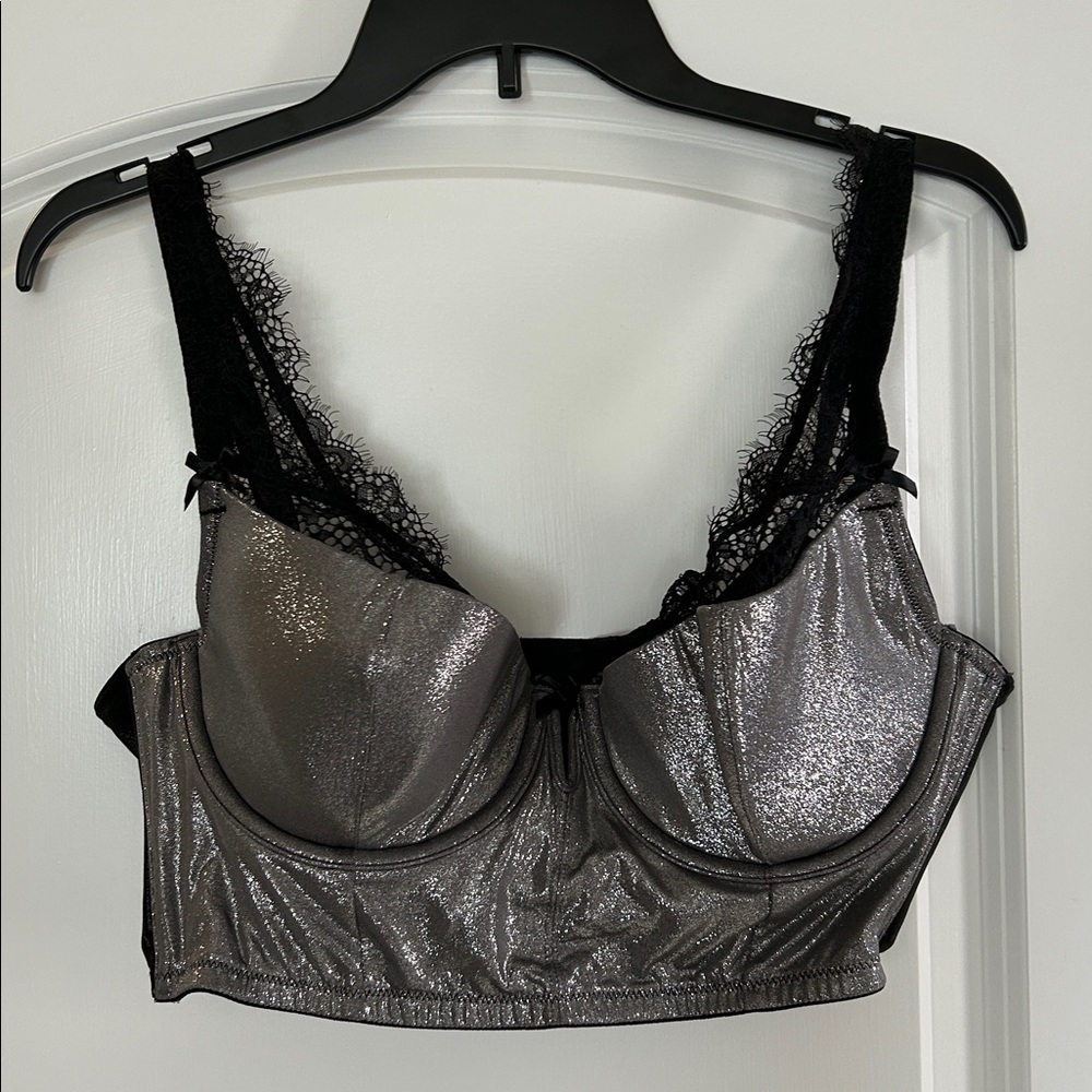 Cacique Silver Metallic and Black Lace Lightly Lined French Balconette Bra - 38D